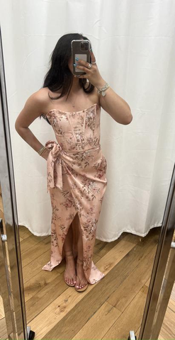 Fuchsia Printed Corset Front-Slit Satin Prom Dress Formal Evening Dress Y8458