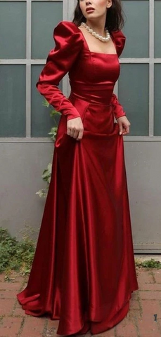 Elegante vestido de noche de satén rojo con escote cuadrado y corte en A Y7855