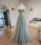 Sage Green A-Line Off The Shoulder Tulle Beaded Evening Dress Formal Prom Dress Y8157