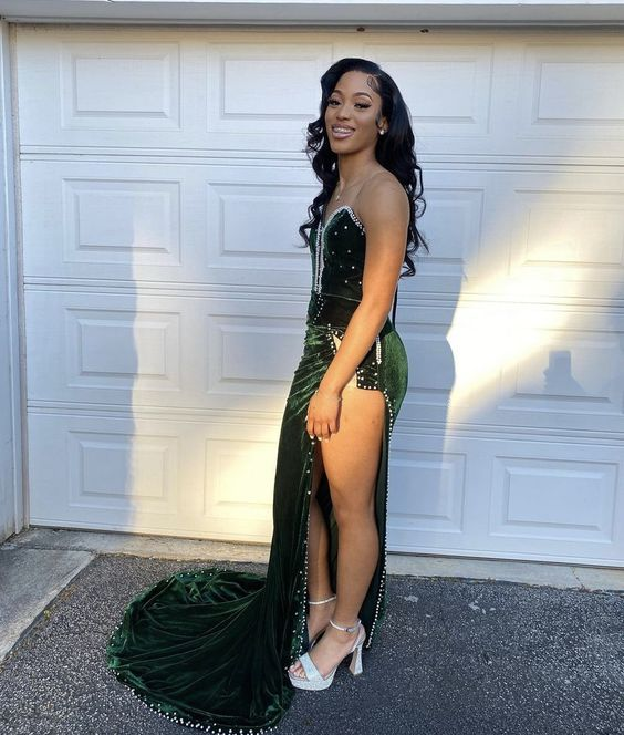 Vestido de fiesta de terciopelo verde, vestido de noche de sirena africana con abertura Y6480
