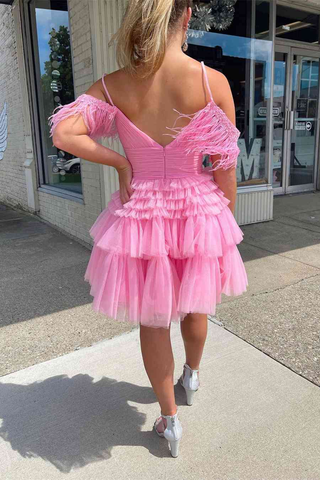 Pleated Hot Pink Cold Sleeves Tiered Tulle Party Dress Short Homecoming Dress Y1955