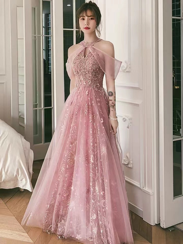 Robe de soirée rose, robe de bal dos nu, robe de soirée féerique Y1918