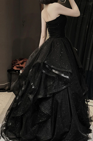 Black tulle long prom dress A line evening gown Y74