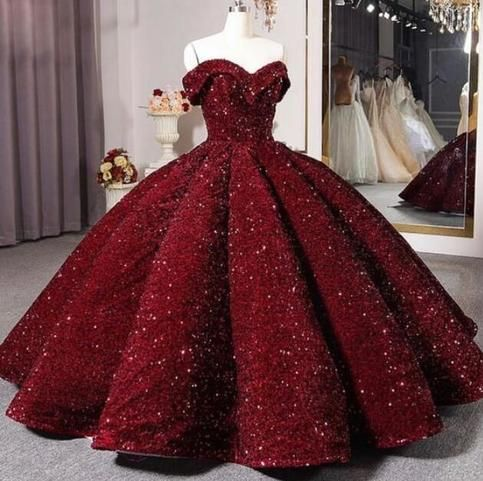 Vestido de quinceañera color burdeos con lentejuelas y hombros descubiertos, estilo baile, modelo Sweet 16 Y4160
