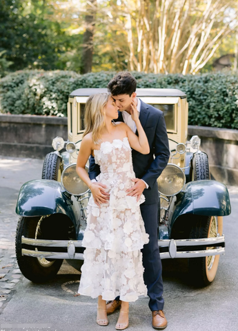 Pretty Strapless 3D Floral Lace Tiered Long Prom Dress,White A Line Evening Dress Wedding Dress Y8462