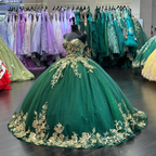 Vestido de princesa con escote corazón, tul verde brillante y apliques dorados, estilo quinceañera, modelo Y4304