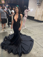 Robe de bal sirène noire sexy sans manches, robe de soirée noire Y6491