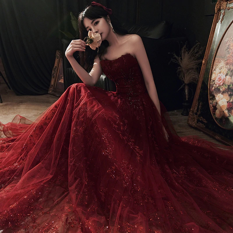 Robe de soirée longue bordeaux en dentelle florale et tulle, robe de cocktail, robe de cérémonie Y1661