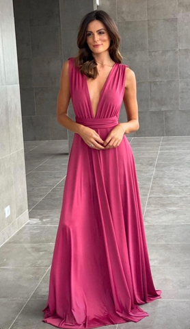 Vestido de noche sexy de corte A con escote en V profundo, ideal para damas de honor (Y5001)