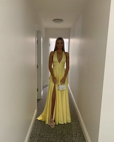 Modest Yellow Satin Long Evening Dresses with Side Slit Formal Party Dress Y5217