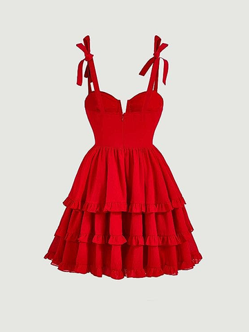 Red A-line Tie Shoulder Ruffle Hem Homecoming Dress Y2720