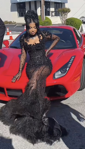 Vestido de fiesta de sirena formal de lujo, de tul negro con cuentas y plumas Y7929