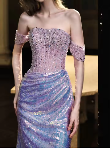 Glitter Off Shoulder Beaded Sequin Mermaid Prom Purple Formal Evening Gown Y8182