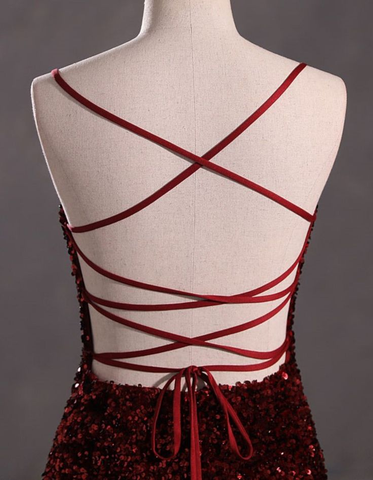 Robe de soirée bordeaux moulante à paillettes et dos nu Y4164