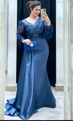 Elegante vestido de noche estilo sirena para mujer, con escote en V, manga larga, cola de barrido, abertura lateral y pliegues. Ideal para bodas, fiestas y eventos formales (Y4957).