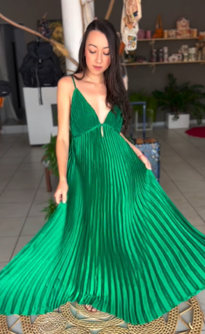 Vestido de fiesta verde con tirantes finos, escote en V plisado, corte en A, estilo vestido de noche Y7958
