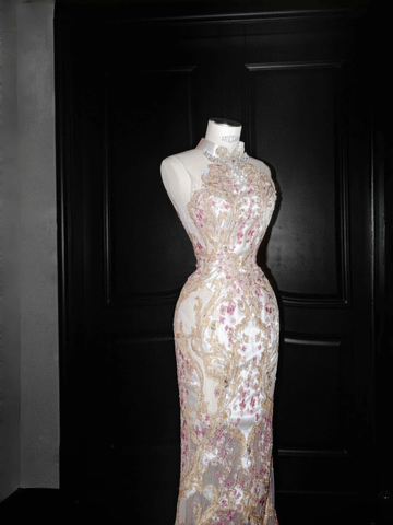 Classy Tulle Appliques Sequins Mermaid Prom Dress Slit Formal Evening Dress Y8661