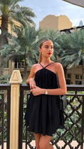 Vestido corto informal sin mangas estilo playero, de una pieza, con cuello halter, negro, para fiestas y eventos especiales Y7108