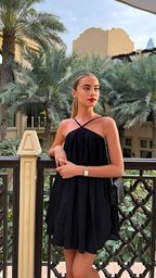 Vestido corto informal sin mangas estilo playero, de una pieza, con cuello halter, negro, para fiestas y eventos especiales Y7108