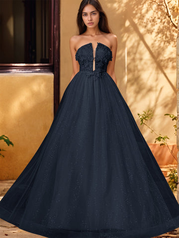 Vestido de gala de baile con escote pronunciado, encaje brillante y bordado de rosas en 3D