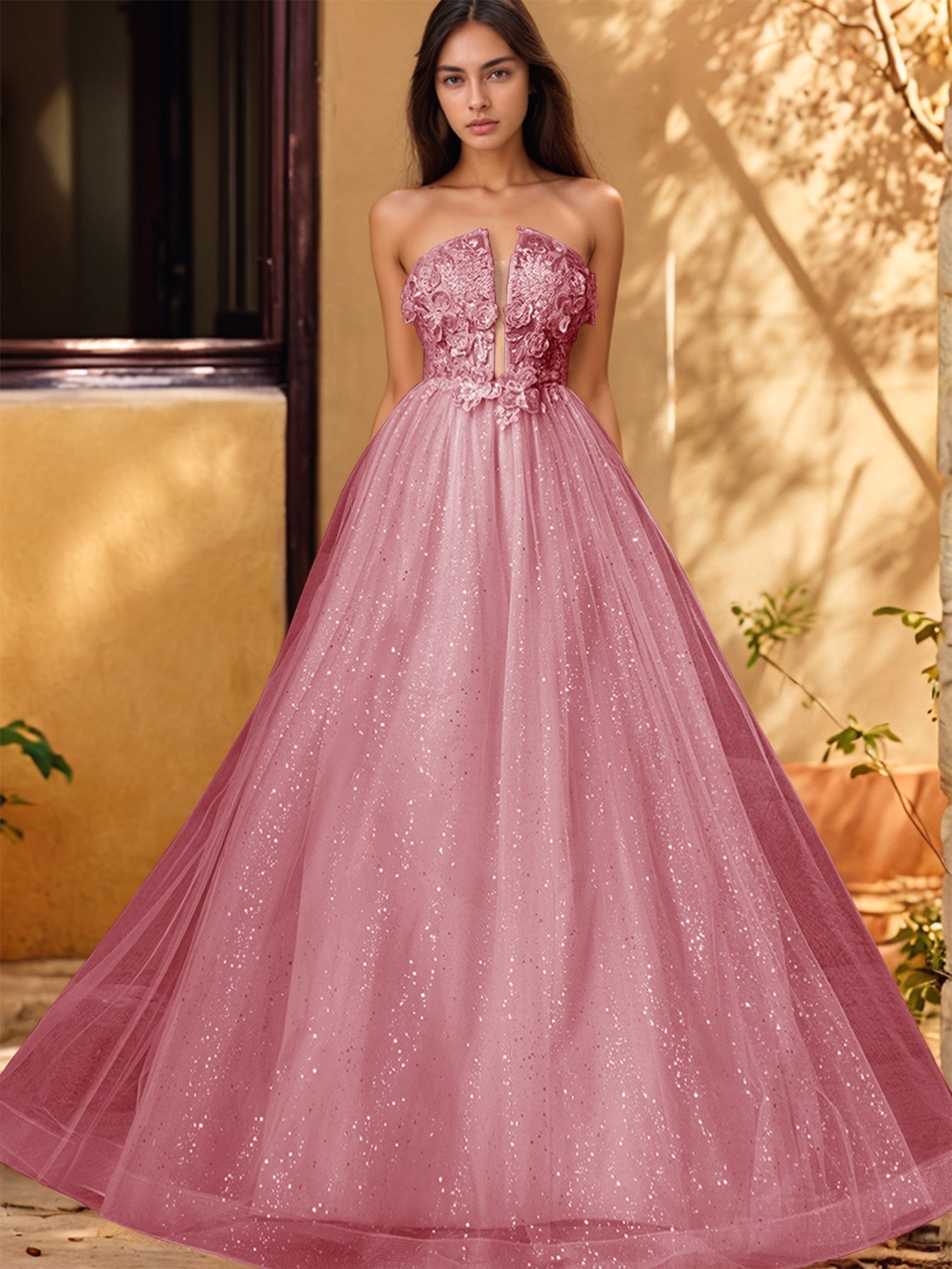 Vestido de gala de baile con escote pronunciado, encaje brillante y bordado de rosas en 3D