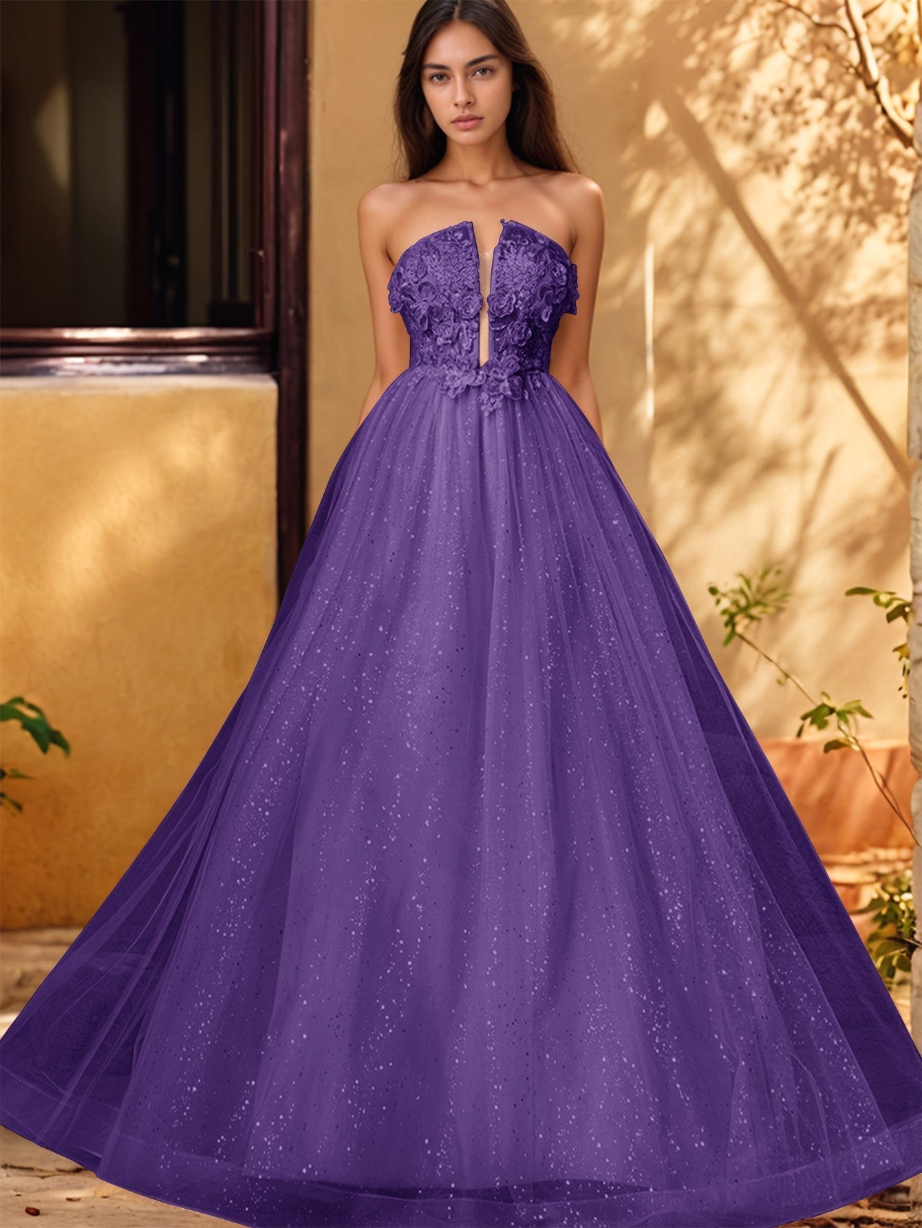 Vestido de gala de baile con escote pronunciado, encaje brillante y bordado de rosas en 3D