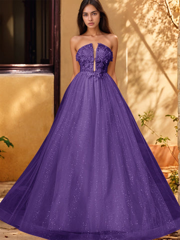 Vestido de gala de baile con escote pronunciado, encaje brillante y bordado de rosas en 3D