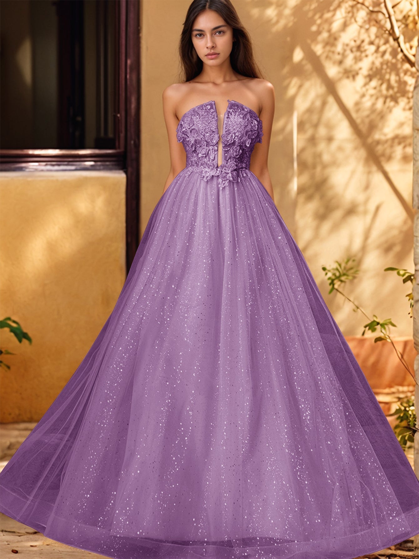 Vestido de gala de baile con escote pronunciado, encaje brillante y bordado de rosas en 3D