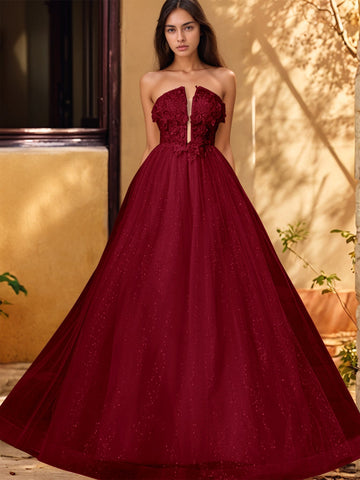 Vestido de gala de baile con escote pronunciado, encaje brillante y bordado de rosas en 3D