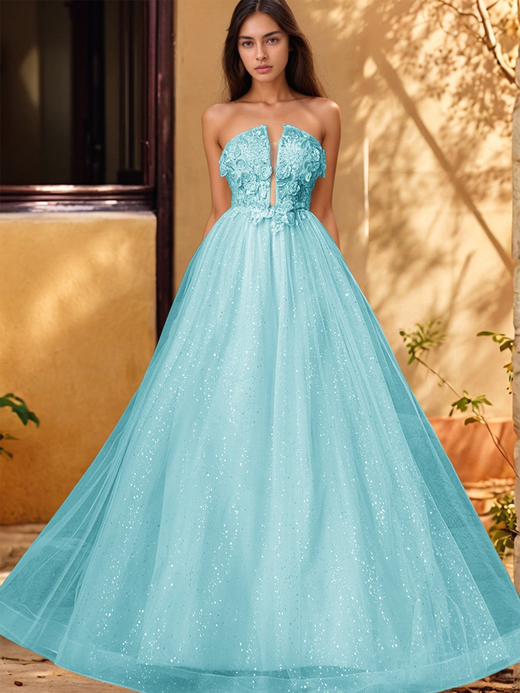 Vestido de gala de baile con escote pronunciado, encaje brillante y bordado de rosas en 3D