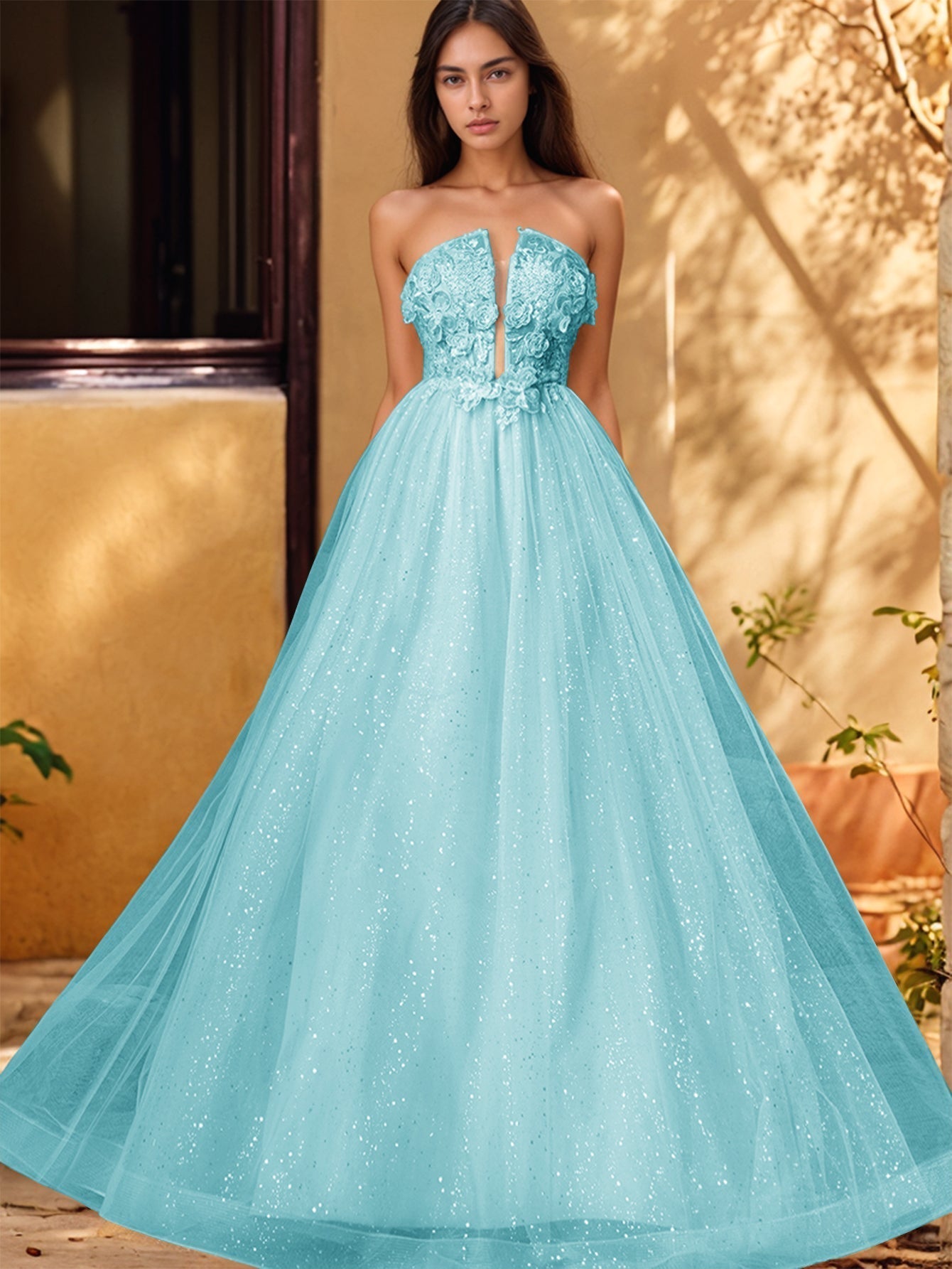 Vestido de gala de baile con escote pronunciado, encaje brillante y bordado de rosas en 3D