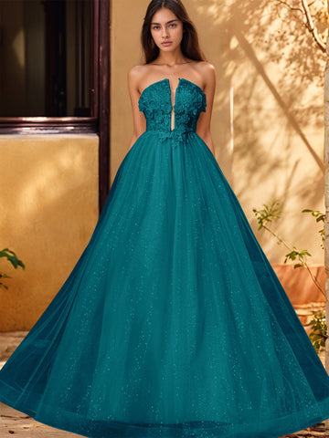 Vestido de gala de baile con escote pronunciado, encaje brillante y bordado de rosas en 3D