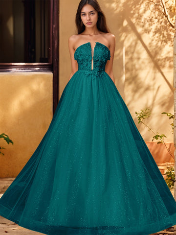 Vestido de gala de baile con escote pronunciado, encaje brillante y bordado de rosas en 3D