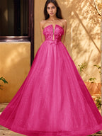 Vestido de gala de baile con escote pronunciado, encaje brillante y bordado de rosas en 3D