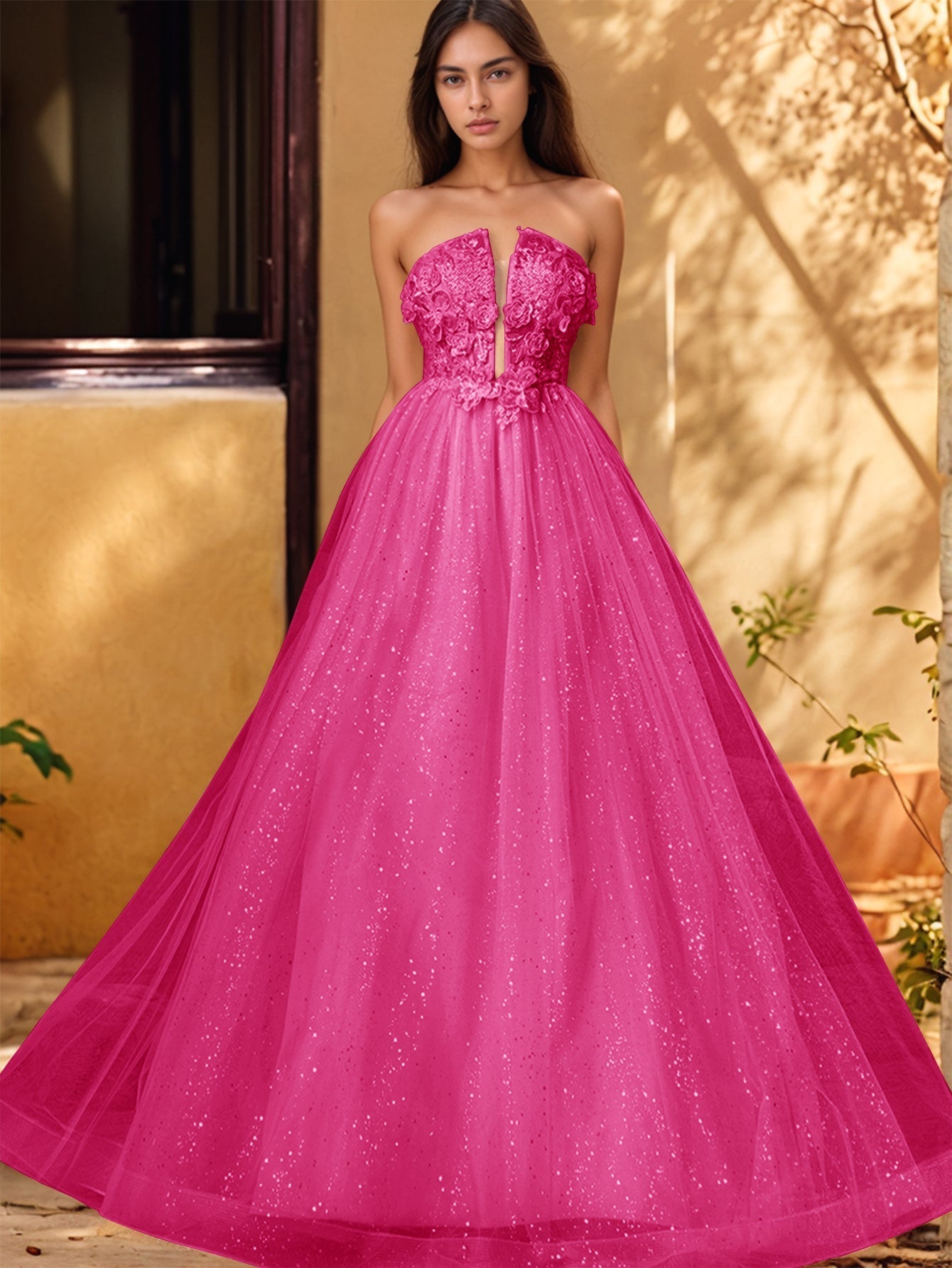 Vestido de gala de baile con escote pronunciado, encaje brillante y bordado de rosas en 3D