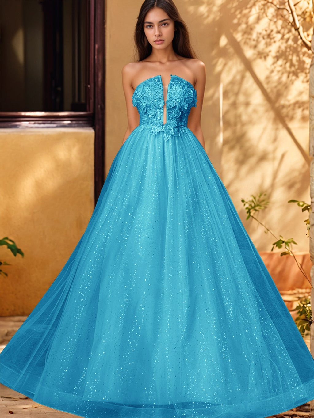 Vestido de gala de baile con escote pronunciado, encaje brillante y bordado de rosas en 3D