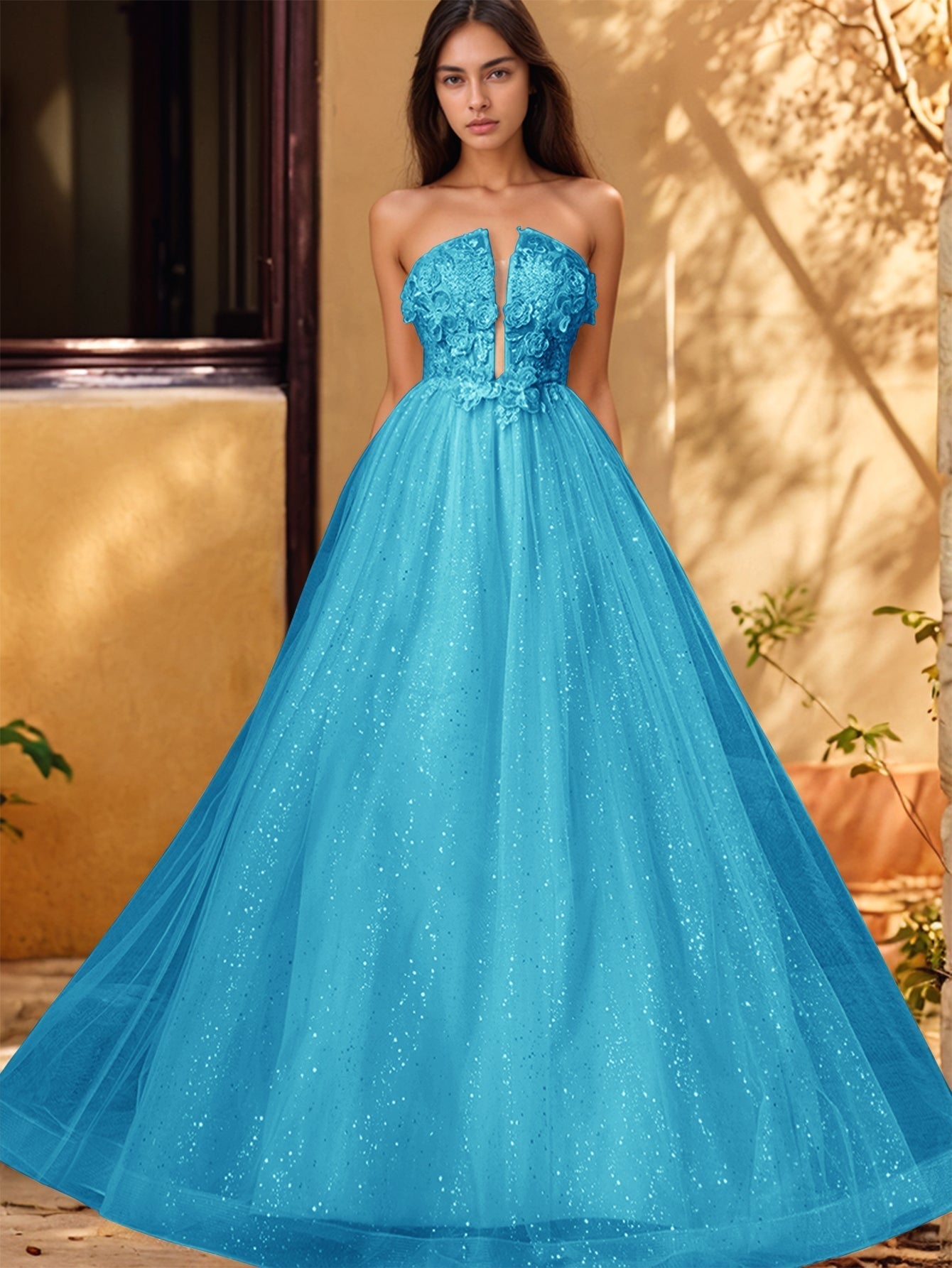 Vestido de gala de baile con escote pronunciado, encaje brillante y bordado de rosas en 3D