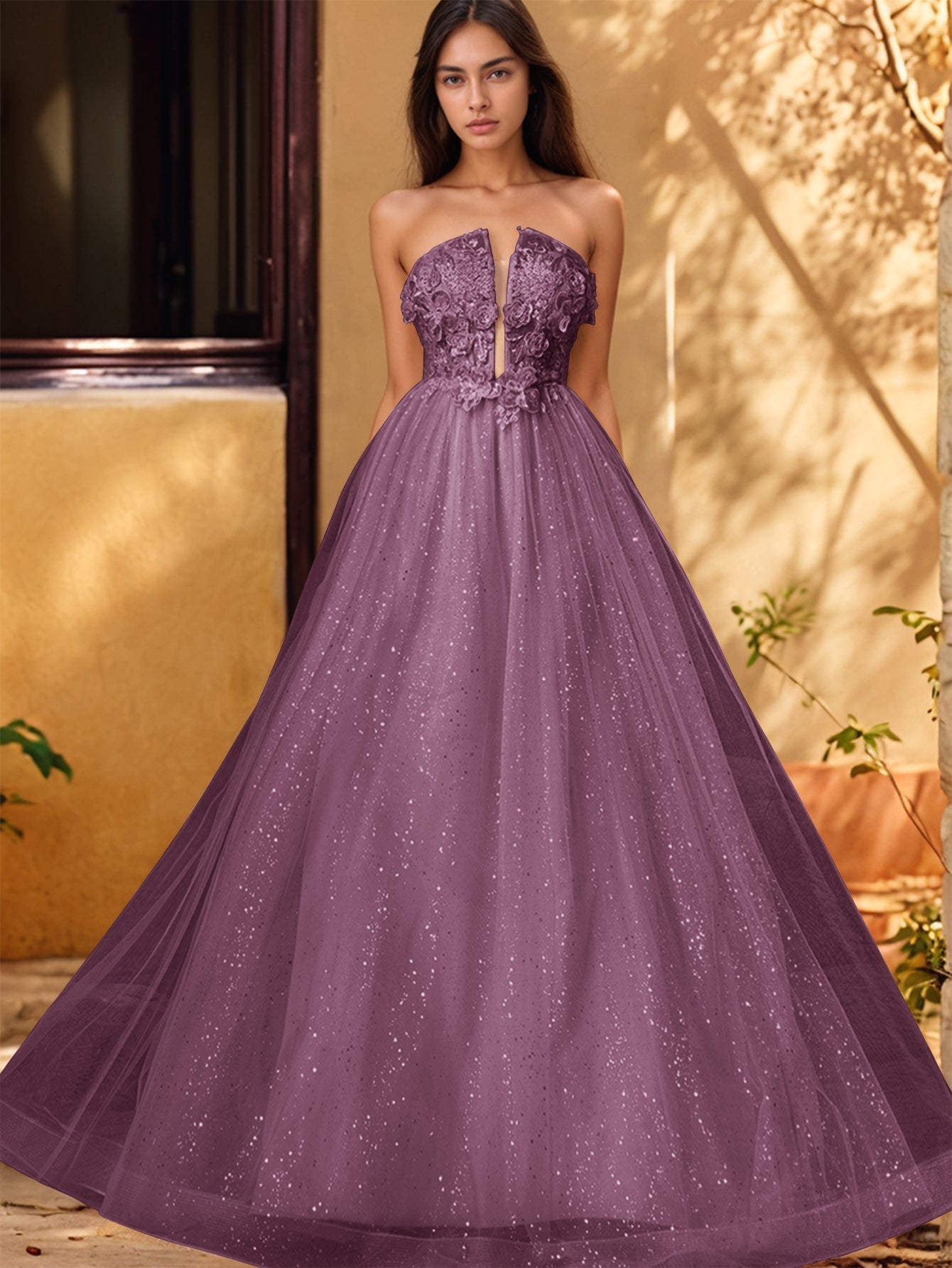 Vestido de gala de baile con escote pronunciado, encaje brillante y bordado de rosas en 3D