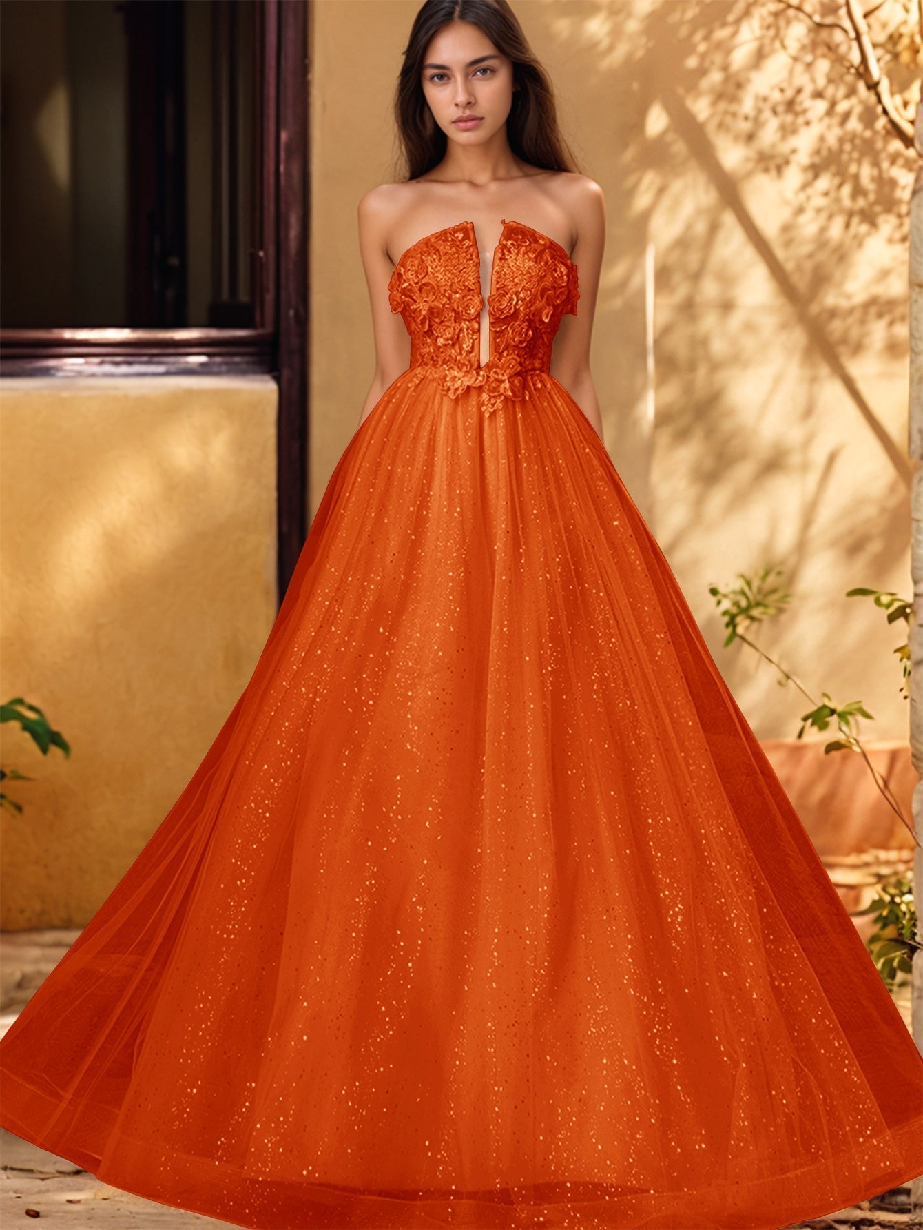 Vestido de gala de baile con escote pronunciado, encaje brillante y bordado de rosas en 3D