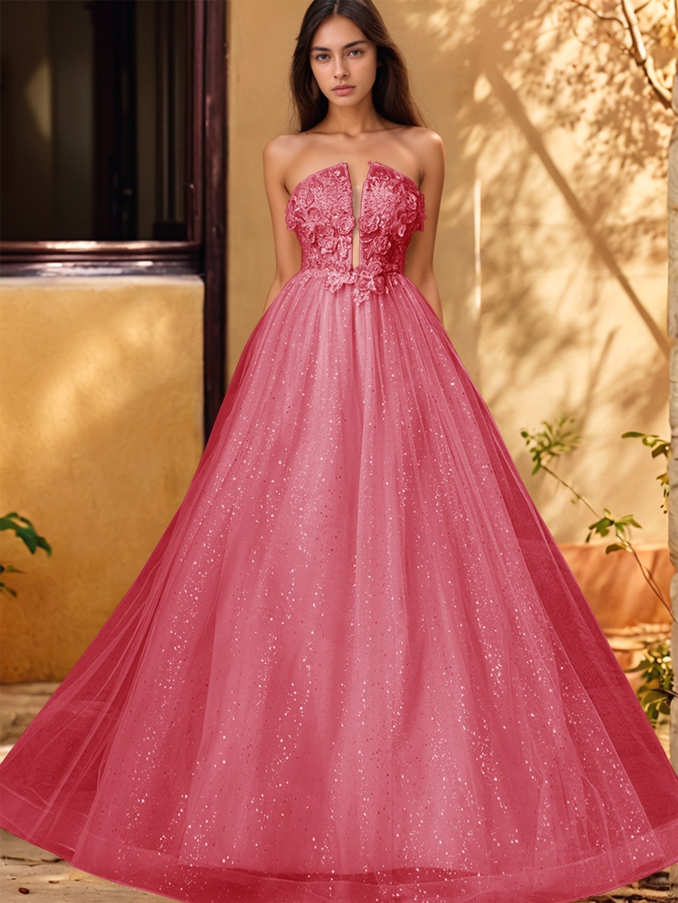 Vestido de gala de baile con escote pronunciado, encaje brillante y bordado de rosas en 3D