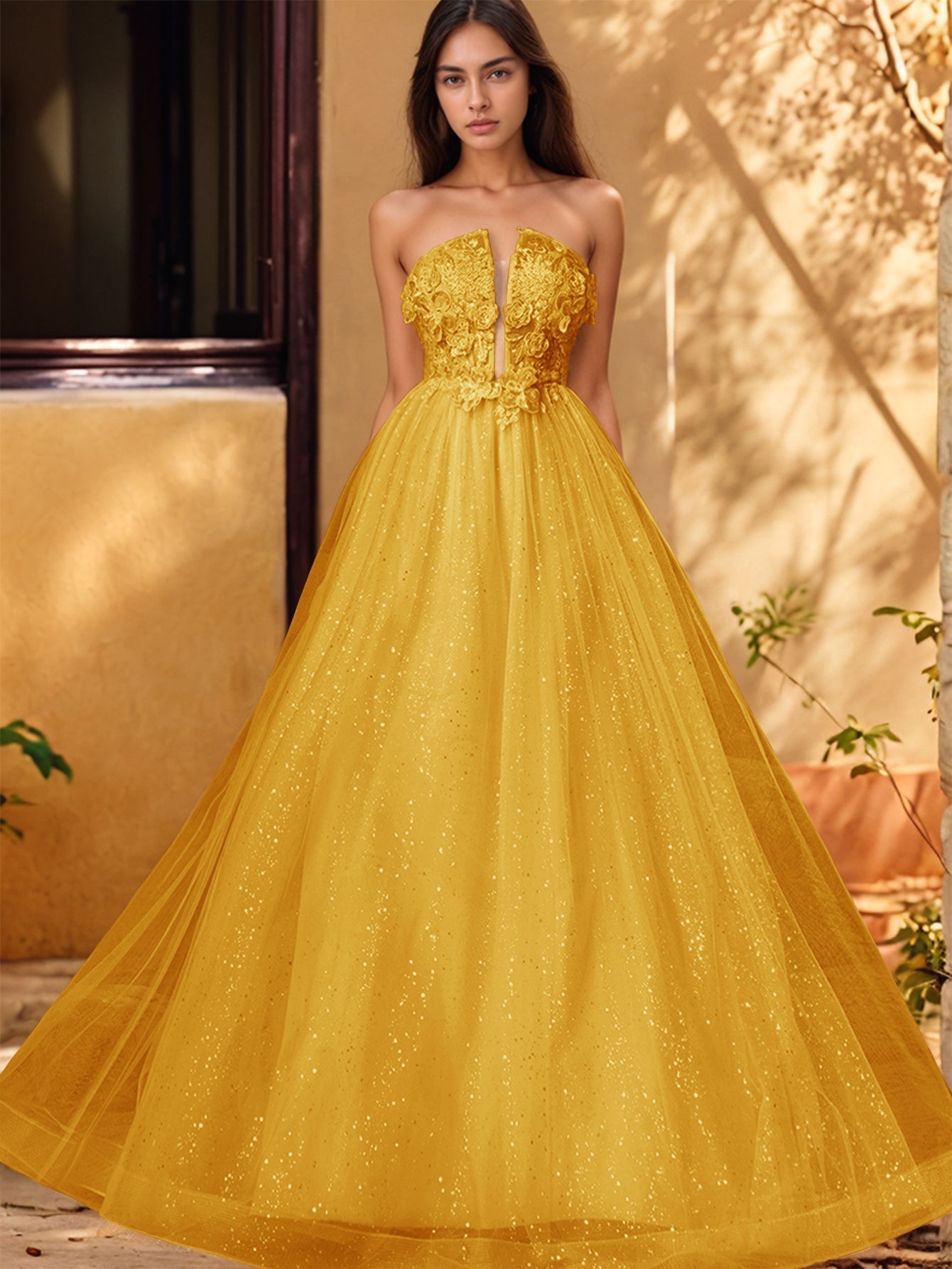 Vestido de gala de baile con escote pronunciado, encaje brillante y bordado de rosas en 3D