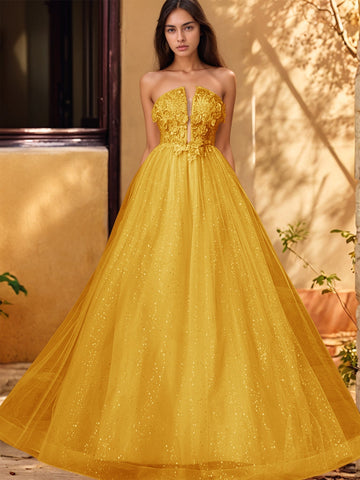 Vestido de gala de baile con escote pronunciado, encaje brillante y bordado de rosas en 3D