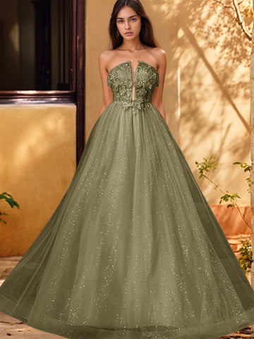 Vestido de gala de baile con escote pronunciado, encaje brillante y bordado de rosas en 3D