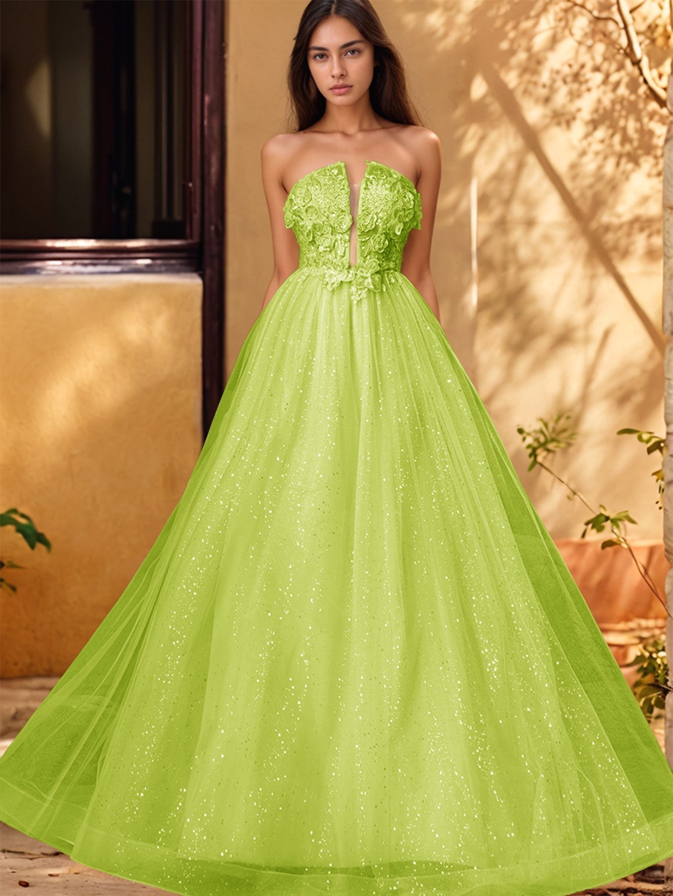 Vestido de gala de baile con escote pronunciado, encaje brillante y bordado de rosas en 3D