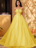 Vestido de gala de baile con escote pronunciado, encaje brillante y bordado de rosas en 3D