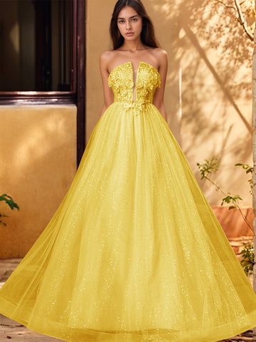 Vestido de gala de baile con escote pronunciado, encaje brillante y bordado de rosas en 3D