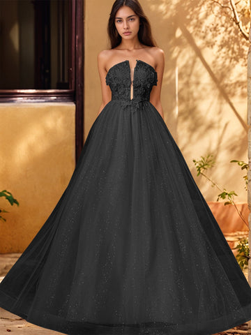 Vestido de gala de baile con escote pronunciado, encaje brillante y bordado de rosas en 3D