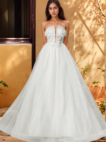 Vestido de gala de baile con escote pronunciado, encaje brillante y bordado de rosas en 3D