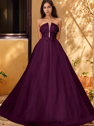 Vestido de gala de baile con escote pronunciado, encaje brillante y bordado de rosas en 3D