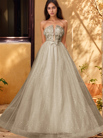 Vestido de gala de baile con escote pronunciado, encaje brillante y bordado de rosas en 3D